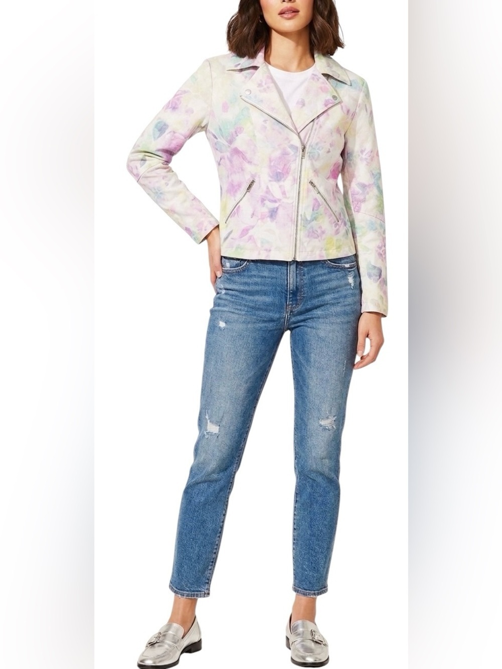 Adyson Parker Woman’s Watercolor Multicolored Tie Dye Zip Up Moto Jacket Sz S